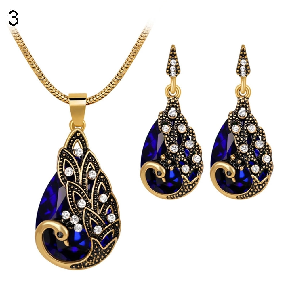 3Pcs Rhinestone Earrings Jewelry Fake Gemstone Peacock Pendant Fashion Necklace Image 4