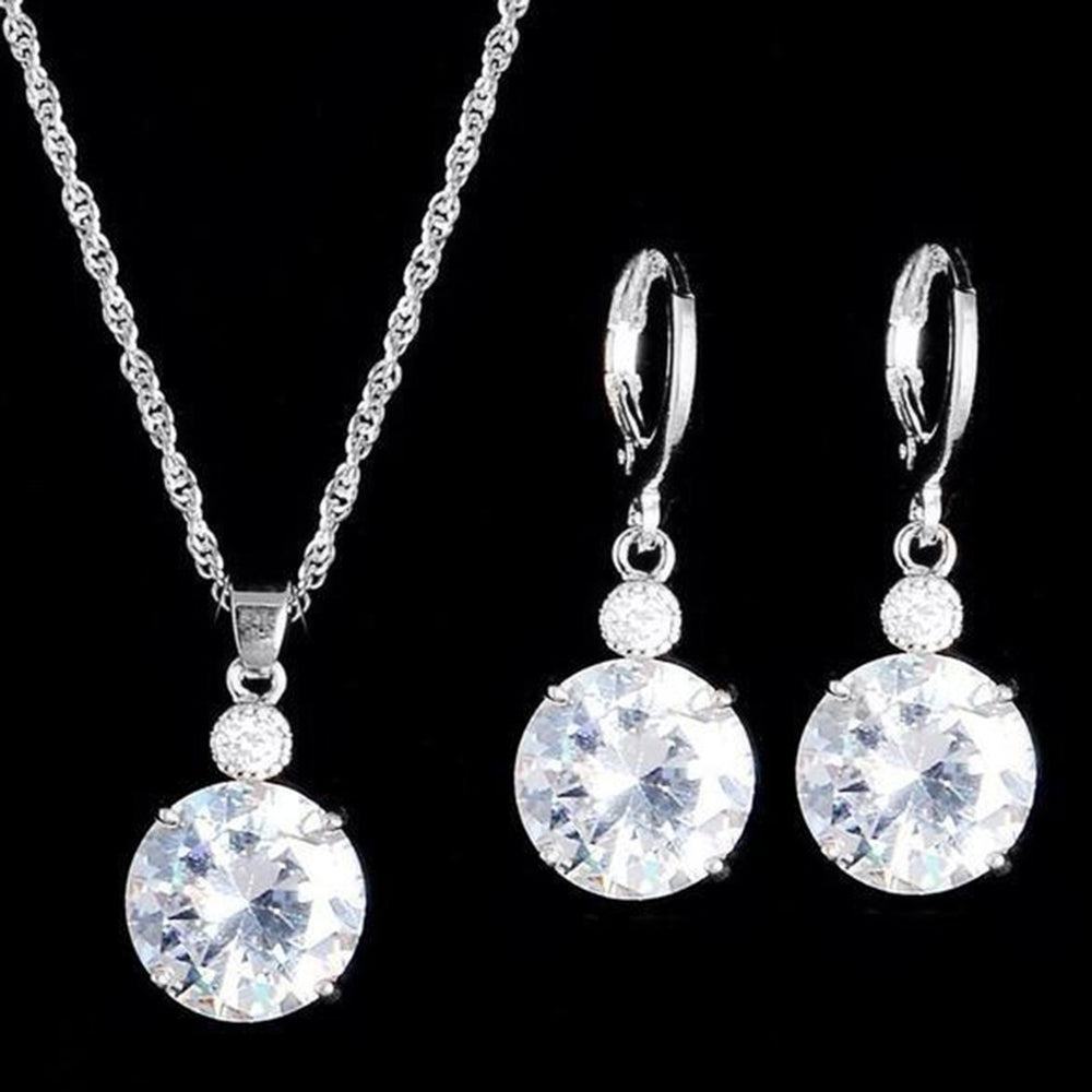 Fashion Jewelry Set Round Rhinestone Pendant Necklace Bridal Leaverback Earrings Image 2