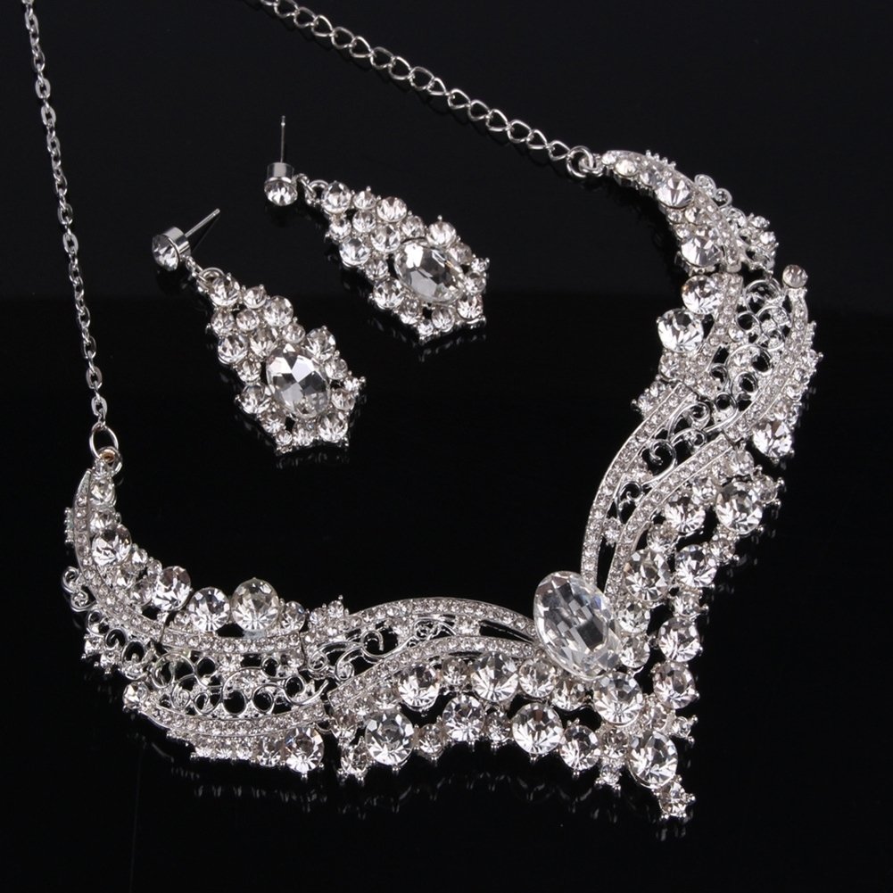 Wedding Bridal Queen Style Fully Shiny Rhinestone Necklace Earrings Jewelry Set Image 3
