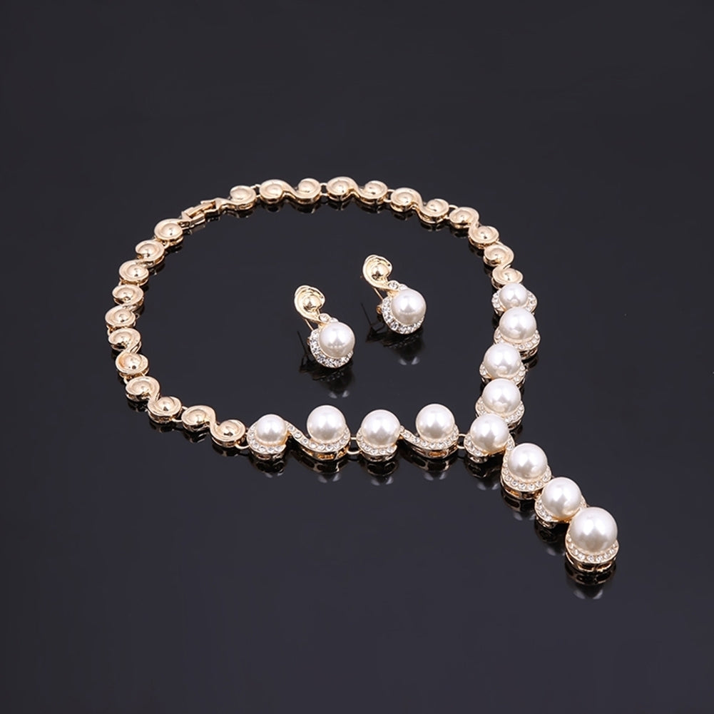 Women Pearl Inlaid Rhinestone Necklace Bracelet Stud Earrings Ring Jewelry Set Image 4