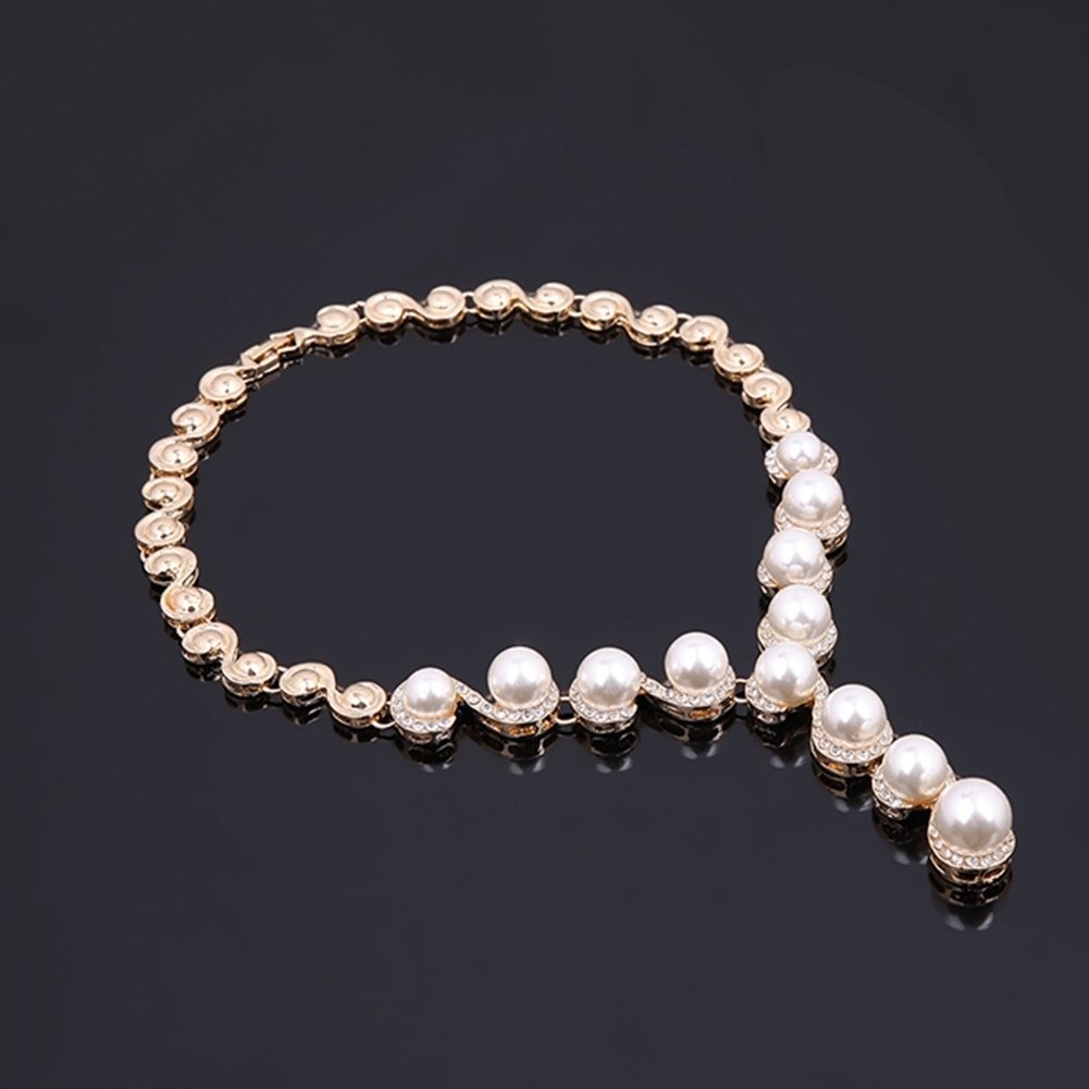 Women Pearl Inlaid Rhinestone Necklace Bracelet Stud Earrings Ring Jewelry Set Image 4