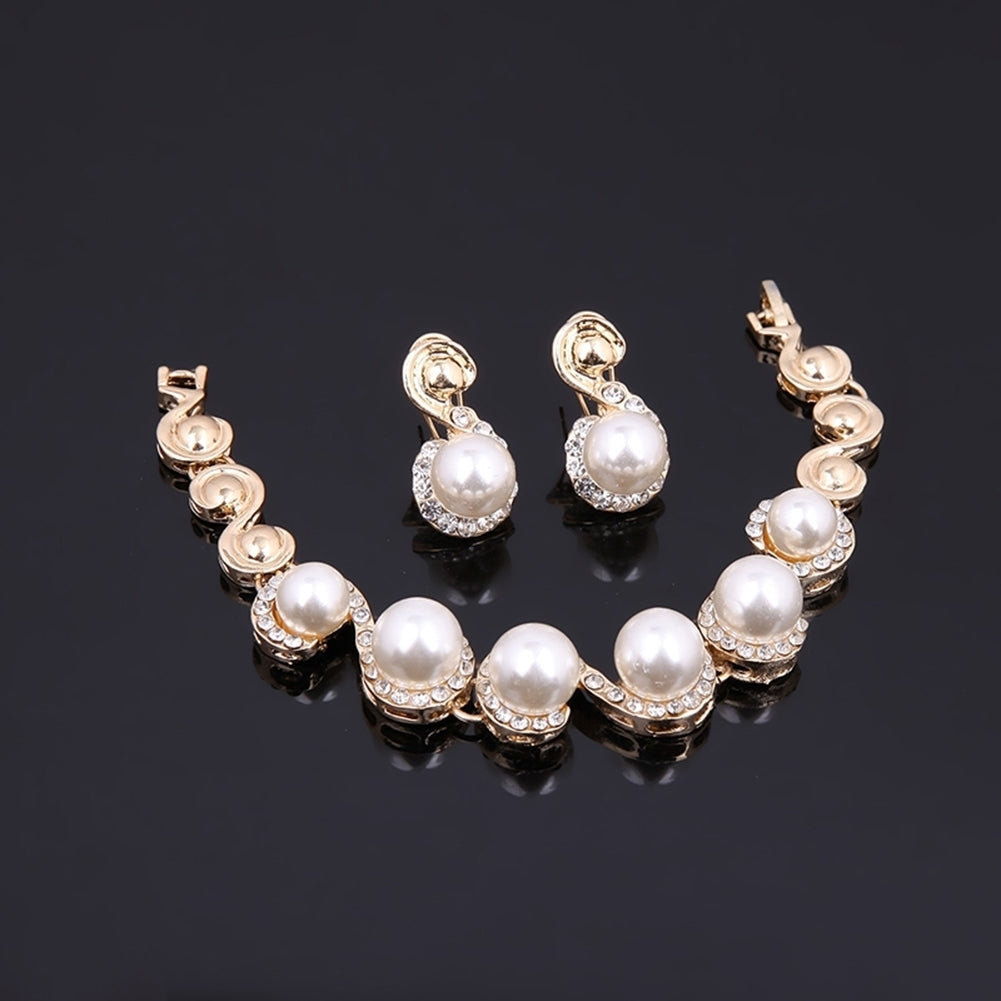 Women Pearl Inlaid Rhinestone Necklace Bracelet Stud Earrings Ring Jewelry Set Image 6