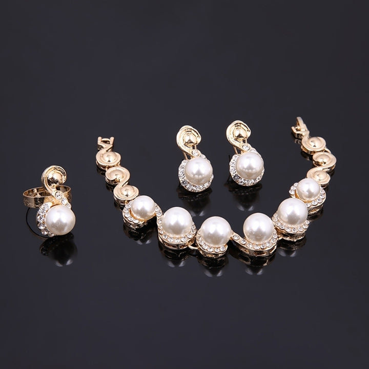 Women Pearl Inlaid Rhinestone Necklace Bracelet Stud Earrings Ring Jewelry Set Image 7