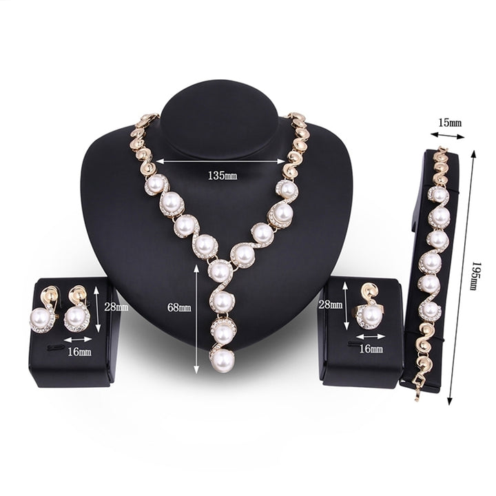 Women Pearl Inlaid Rhinestone Necklace Bracelet Stud Earrings Ring Jewelry Set Image 9