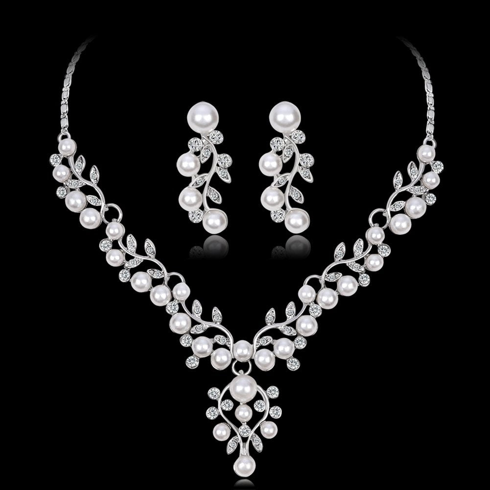 Women Elegant Faux Pearl Rhinestone Leaves Necklace Earrings Wedding Jewelry Set Image 1