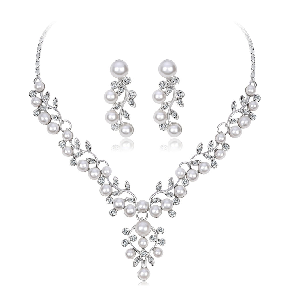 Women Elegant Faux Pearl Rhinestone Leaves Necklace Earrings Wedding Jewelry Set Image 2