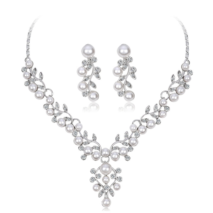 Women Elegant Faux Pearl Rhinestone Leaves Necklace Earrings Wedding Jewelry Set Image 2