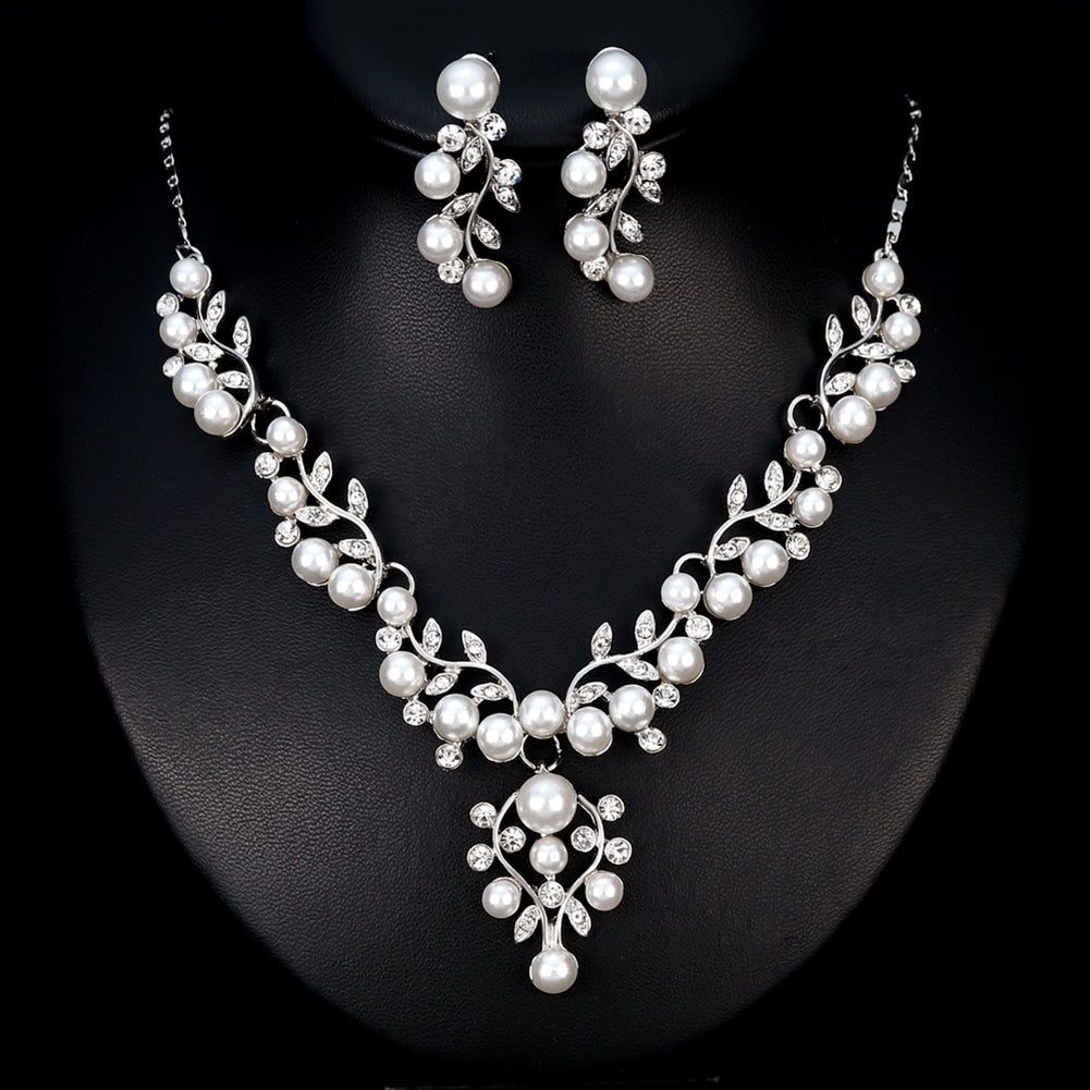Women Elegant Faux Pearl Rhinestone Leaves Necklace Earrings Wedding Jewelry Set Image 3