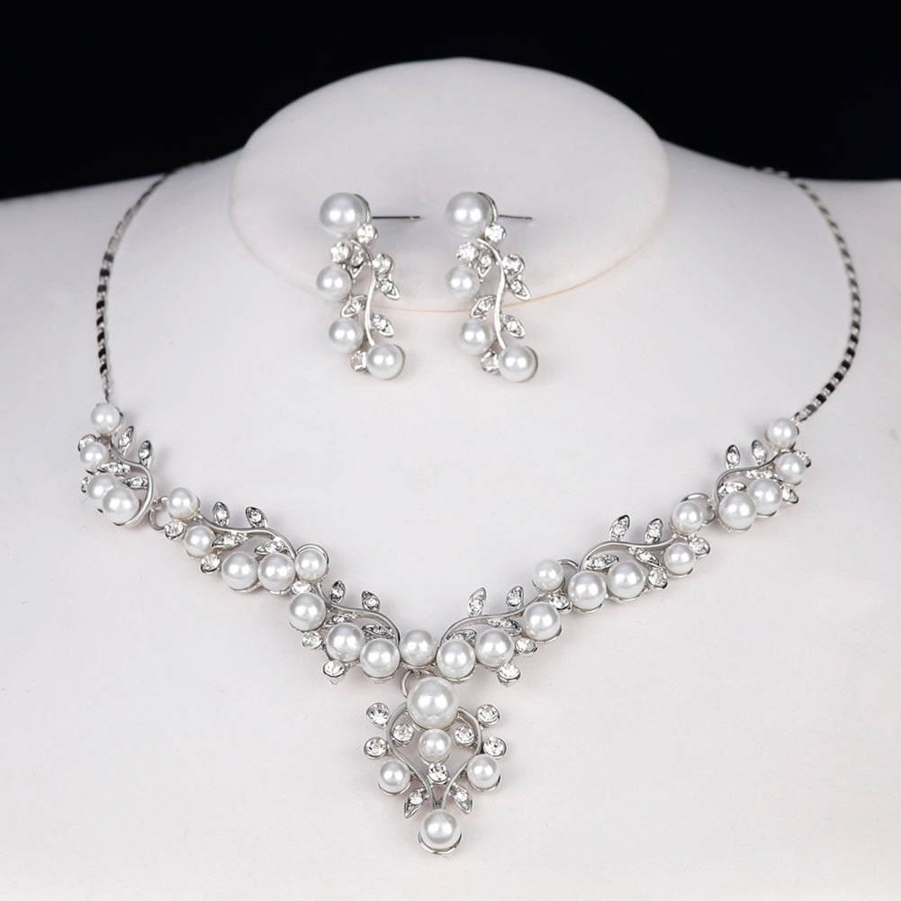 Women Elegant Faux Pearl Rhinestone Leaves Necklace Earrings Wedding Jewelry Set Image 4