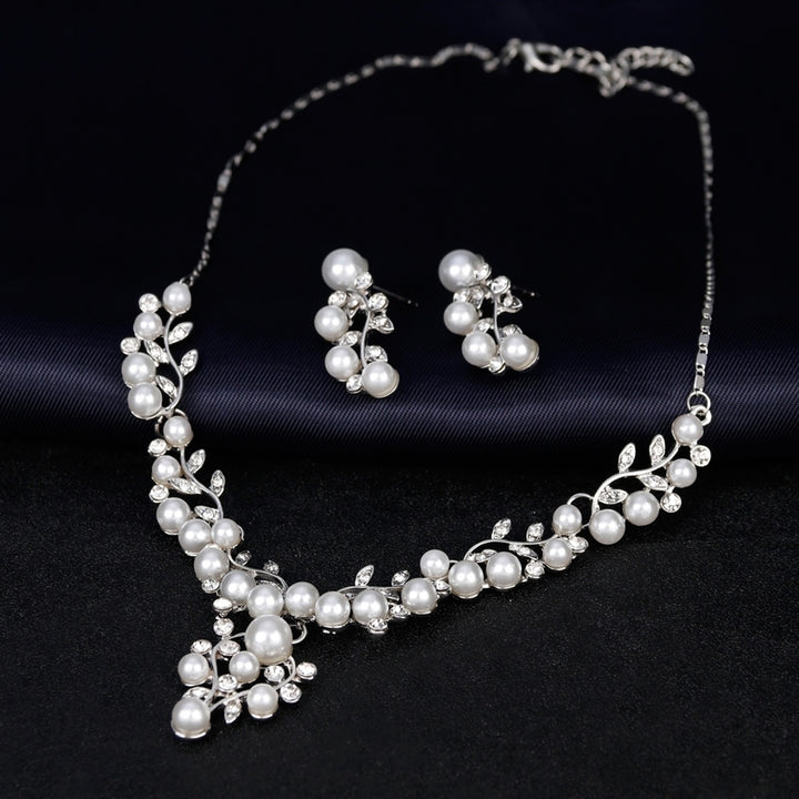 Women Elegant Faux Pearl Rhinestone Leaves Necklace Earrings Wedding Jewelry Set Image 4