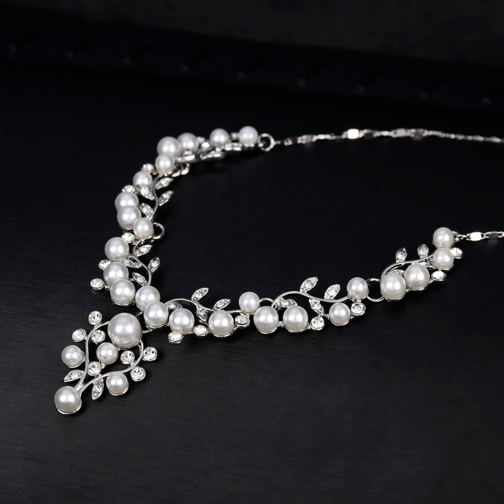 Women Elegant Faux Pearl Rhinestone Leaves Necklace Earrings Wedding Jewelry Set Image 6