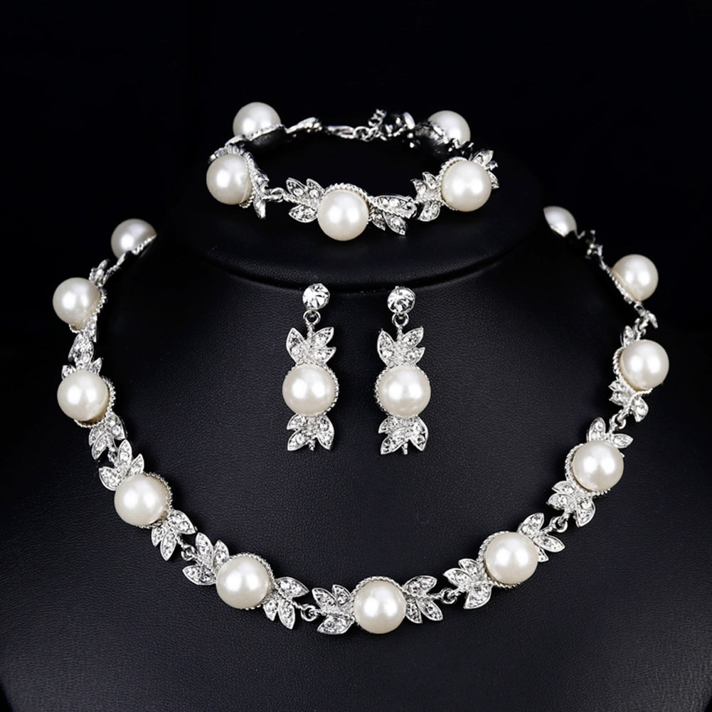 Women Faux Pearl Rhinestone Necklace Stud Earrings Bracelet Jewelry Wedding Image 1