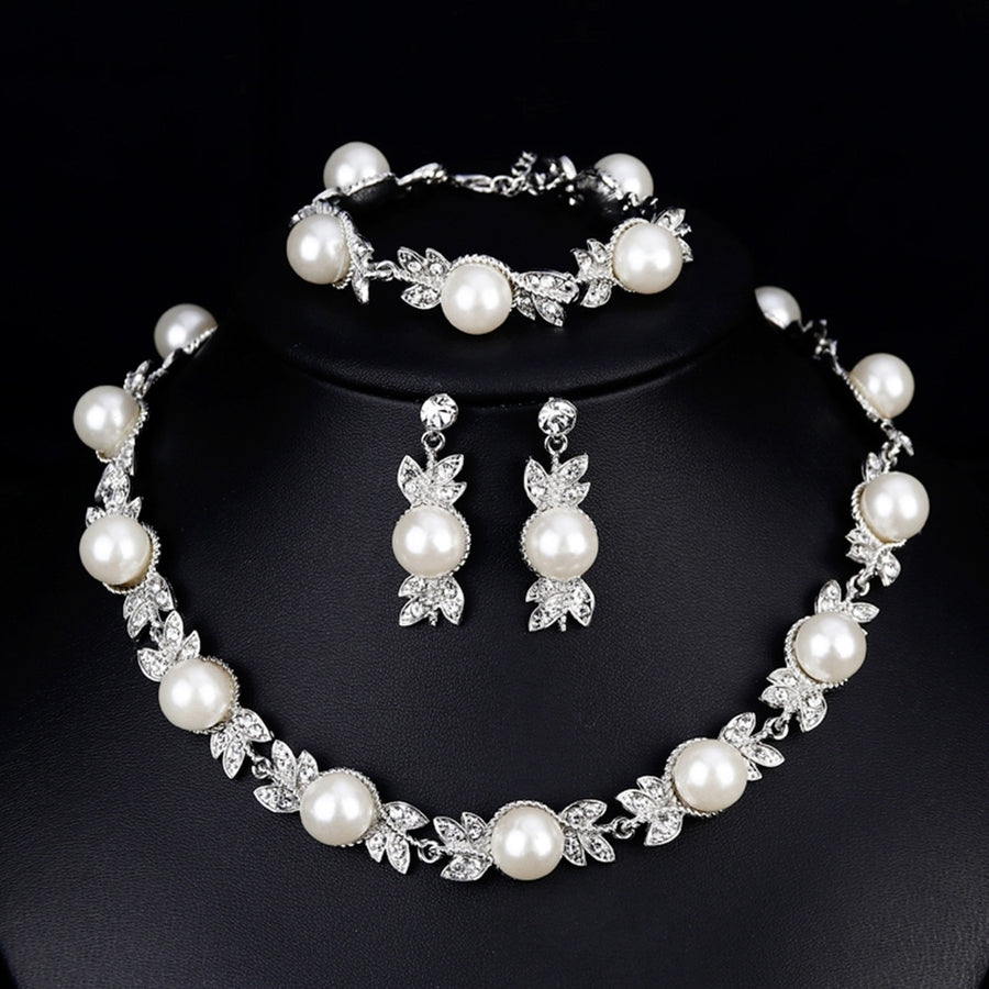 Women Faux Pearl Rhinestone Necklace Stud Earrings Bracelet Jewelry Wedding Image 1