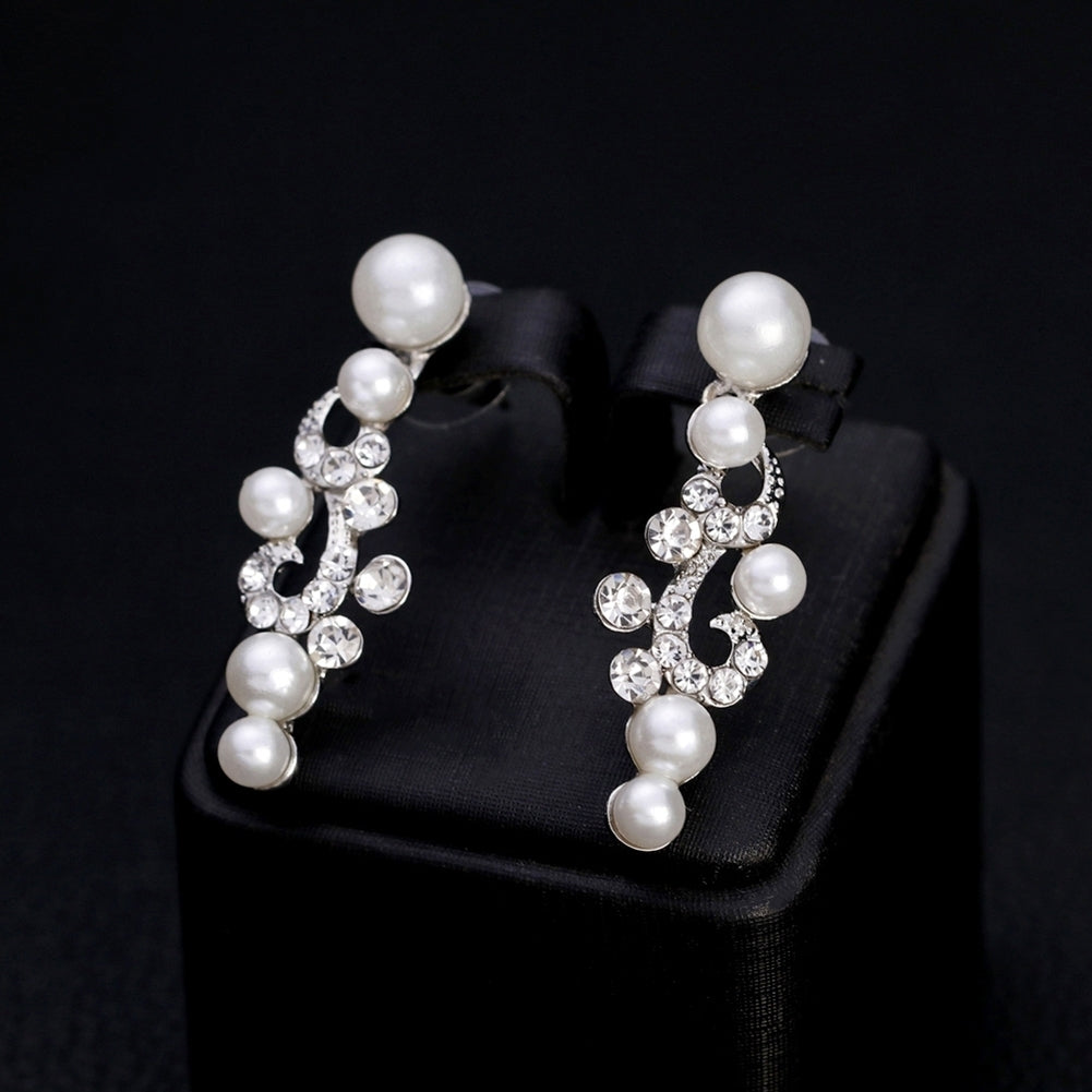 Fashion Alloy Rhinestone Faux Pearl Necklace Earrings Women Bride Jewelry Set Image 4