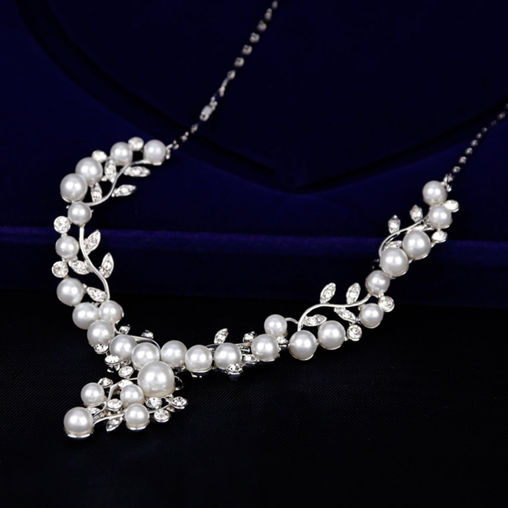 Women Elegant Faux Pearl Rhinestone Leaves Necklace Earrings Wedding Jewelry Set Image 7