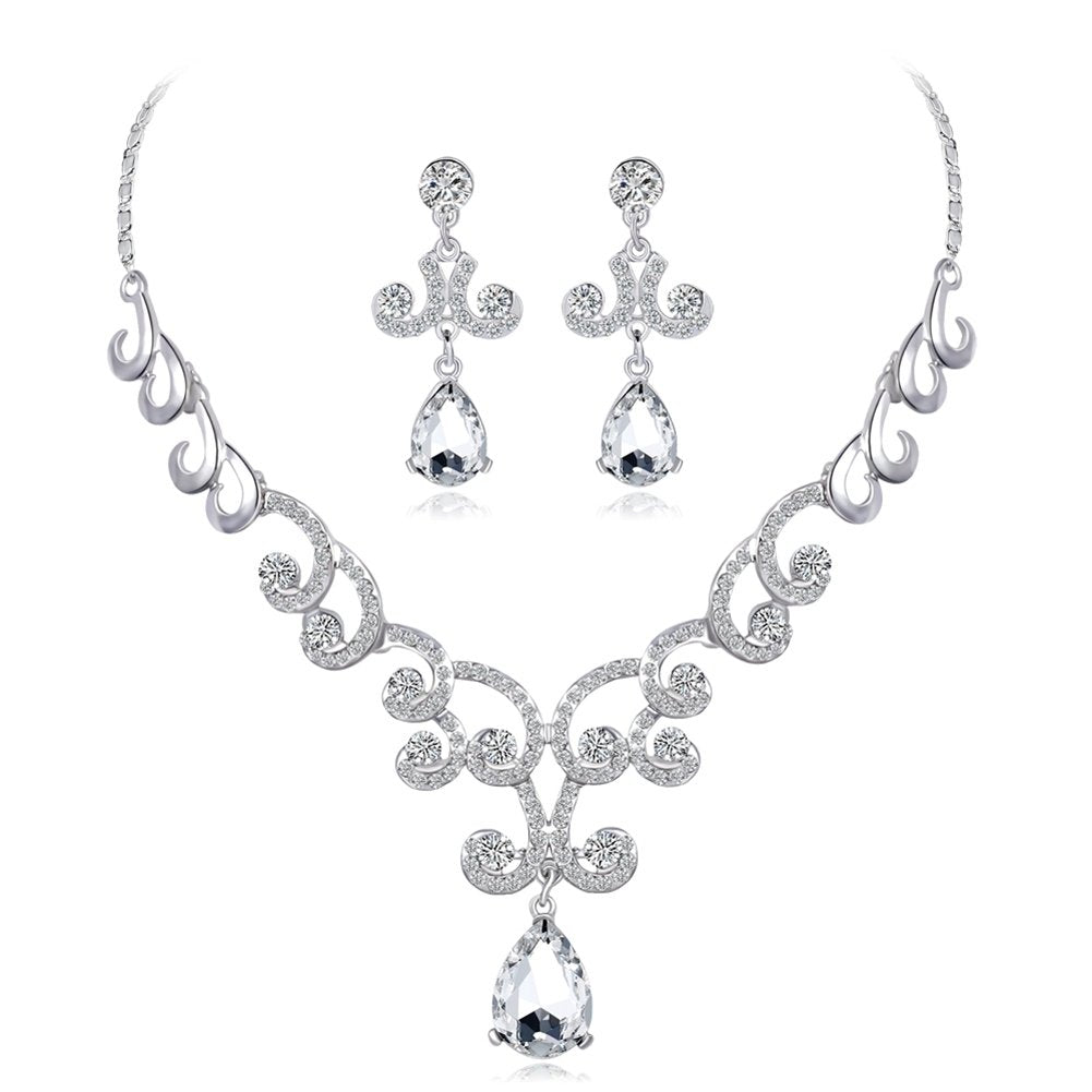 Lady Fashion Rhinestone Pendant Earrings Necklace Luxury Bridal Jewelry Set Image 2