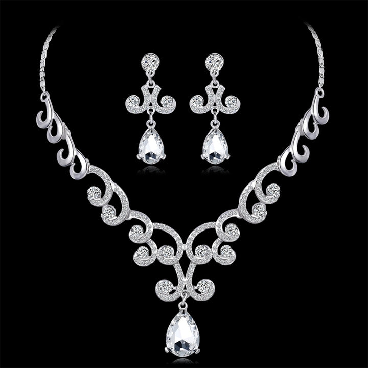 Lady Fashion Rhinestone Pendant Earrings Necklace Luxury Bridal Jewelry Set Image 3
