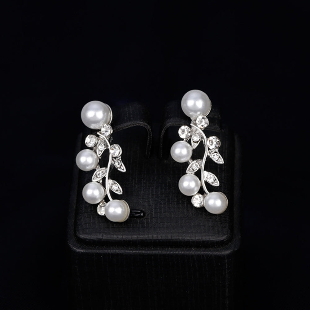 Women Elegant Faux Pearl Rhinestone Leaves Necklace Earrings Wedding Jewelry Set Image 8