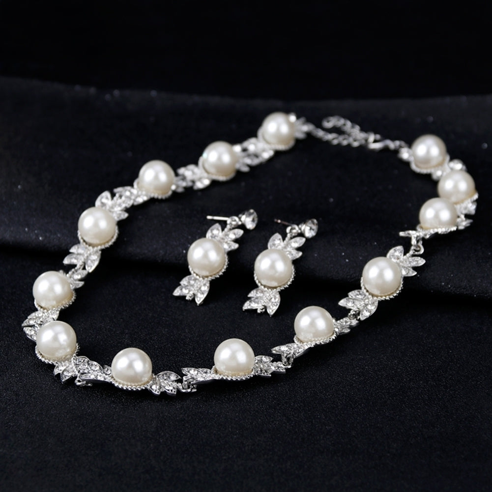 Women Faux Pearl Rhinestone Necklace Stud Earrings Bracelet Jewelry Wedding Image 3