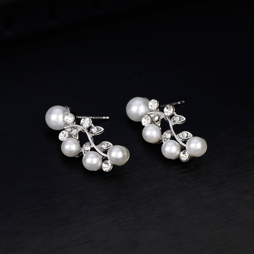 Women Elegant Faux Pearl Rhinestone Leaves Necklace Earrings Wedding Jewelry Set Image 9