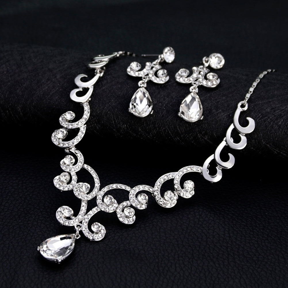 Lady Fashion Rhinestone Pendant Earrings Necklace Luxury Bridal Jewelry Set Image 4