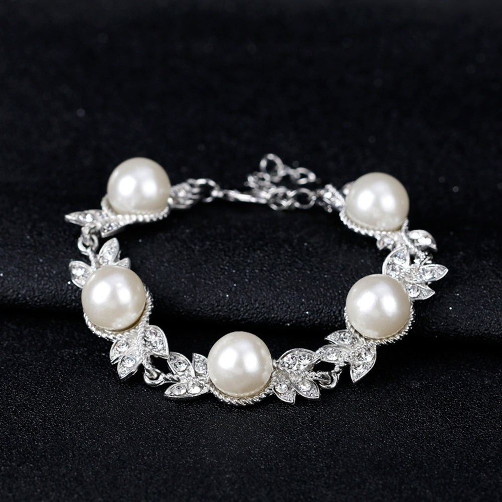 Women Faux Pearl Rhinestone Necklace Stud Earrings Bracelet Jewelry Wedding Image 4