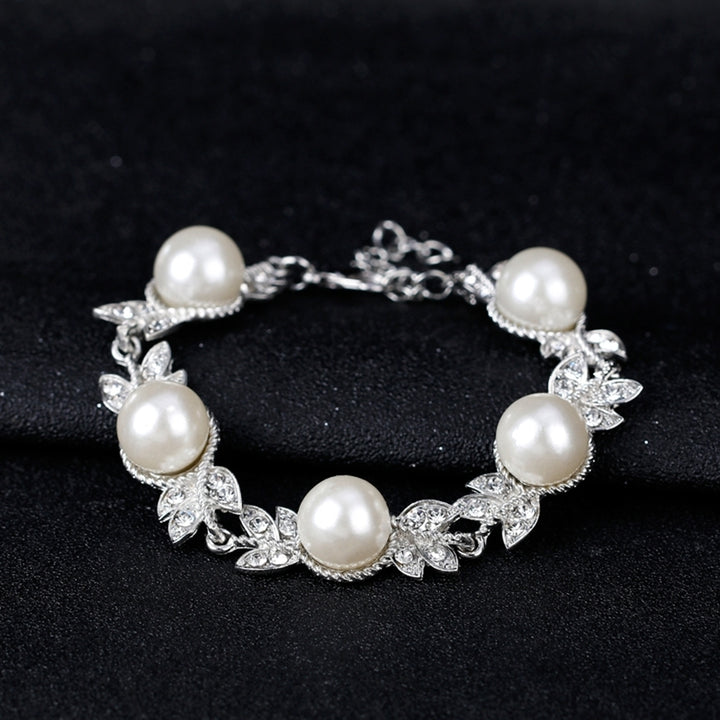 Women Faux Pearl Rhinestone Necklace Stud Earrings Bracelet Jewelry Wedding Image 4