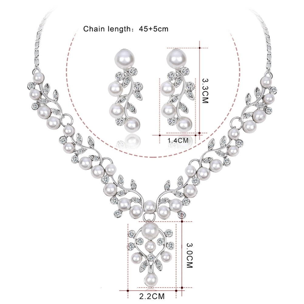 Women Elegant Faux Pearl Rhinestone Leaves Necklace Earrings Wedding Jewelry Set Image 10