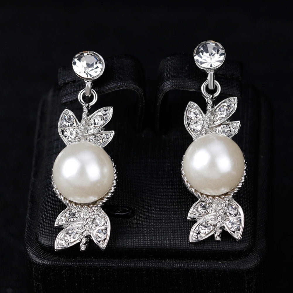 Women Faux Pearl Rhinestone Necklace Stud Earrings Bracelet Jewelry Wedding Image 4