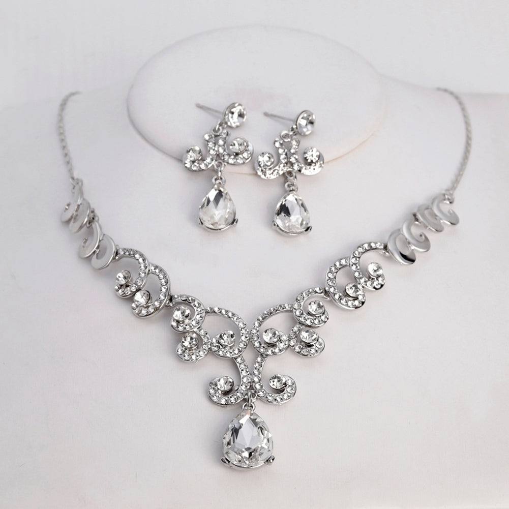 Lady Fashion Rhinestone Pendant Earrings Necklace Luxury Bridal Jewelry Set Image 6