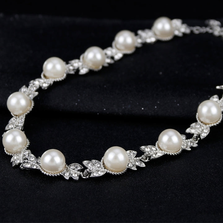 Women Faux Pearl Rhinestone Necklace Stud Earrings Bracelet Jewelry Wedding Image 6