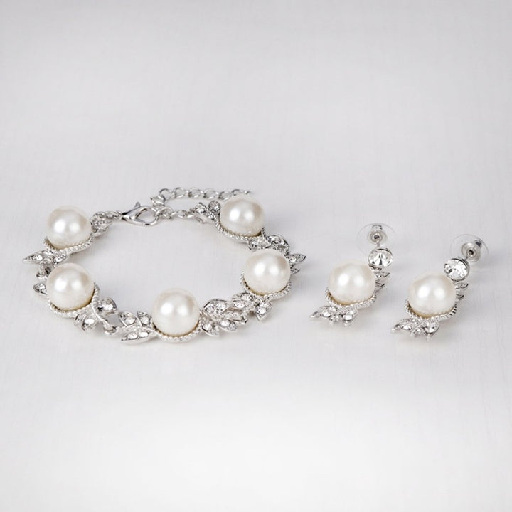 Women Faux Pearl Rhinestone Necklace Stud Earrings Bracelet Jewelry Wedding Image 7