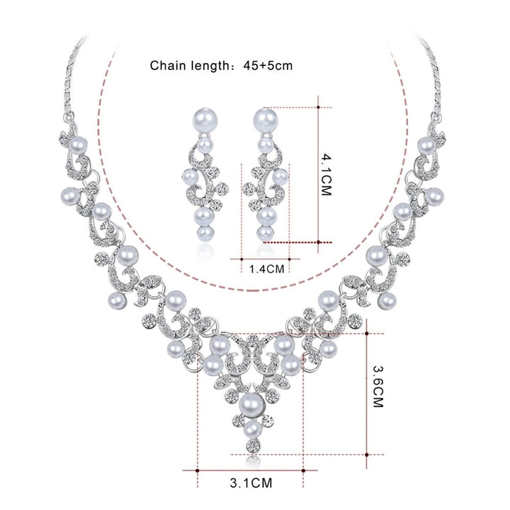 Fashion Alloy Rhinestone Faux Pearl Necklace Earrings Women Bride Jewelry Set Image 12