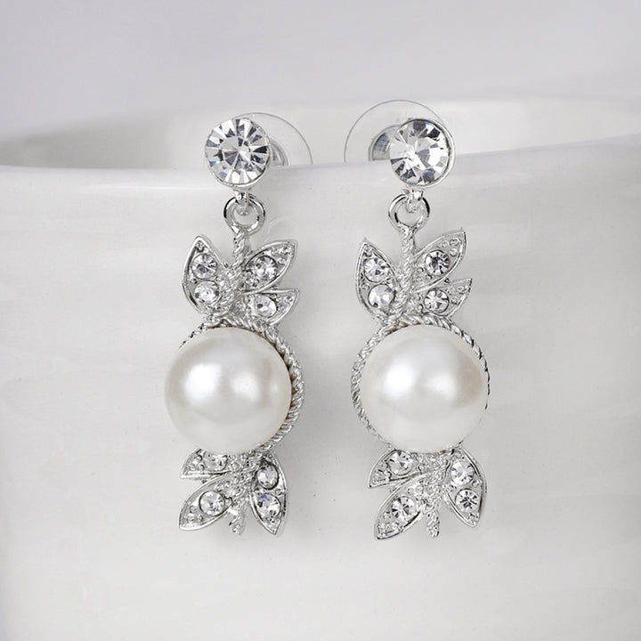 Women Faux Pearl Rhinestone Necklace Stud Earrings Bracelet Jewelry Wedding Image 9