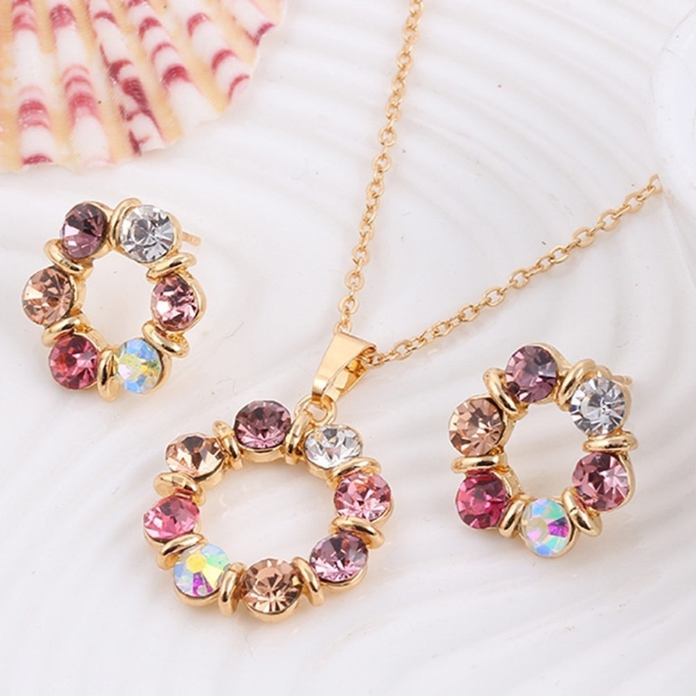 Fashion Circle Colorful Rhinestone Necklace Ear Studs Earrings Women Jewelry Set Image 2