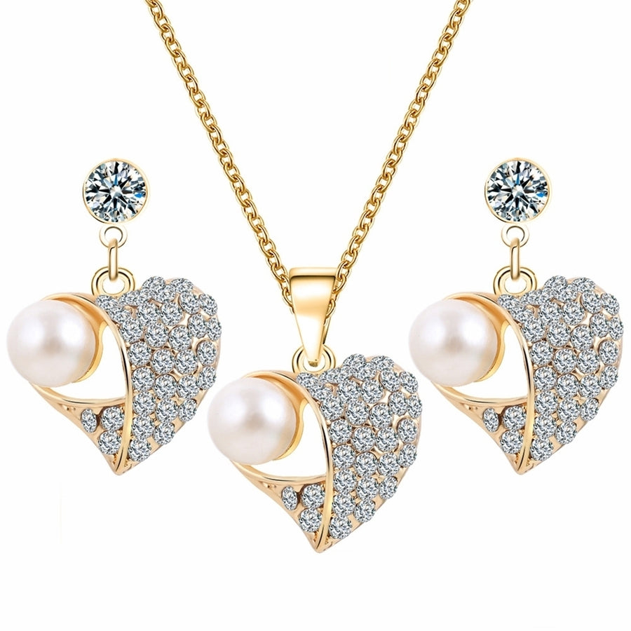 Women Fashion Faux Pearl Rhinestone Stud Earrings Pendant Necklace Set Gift Image 1