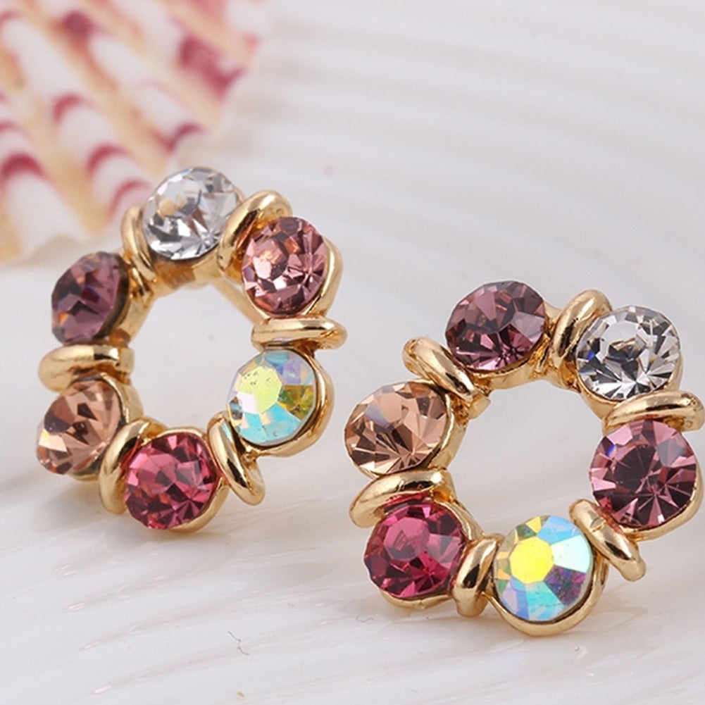 Fashion Circle Colorful Rhinestone Necklace Ear Studs Earrings Women Jewelry Set Image 3