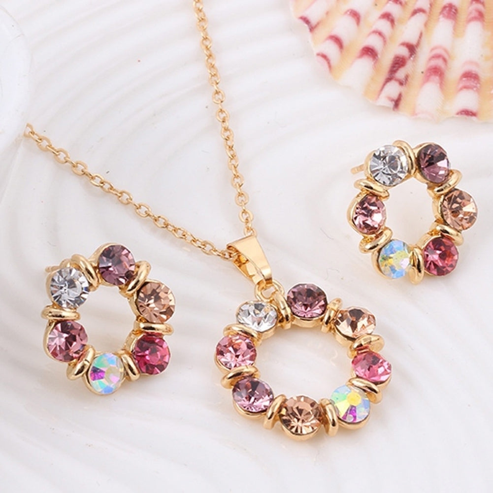 Fashion Circle Colorful Rhinestone Necklace Ear Studs Earrings Women Jewelry Set Image 4