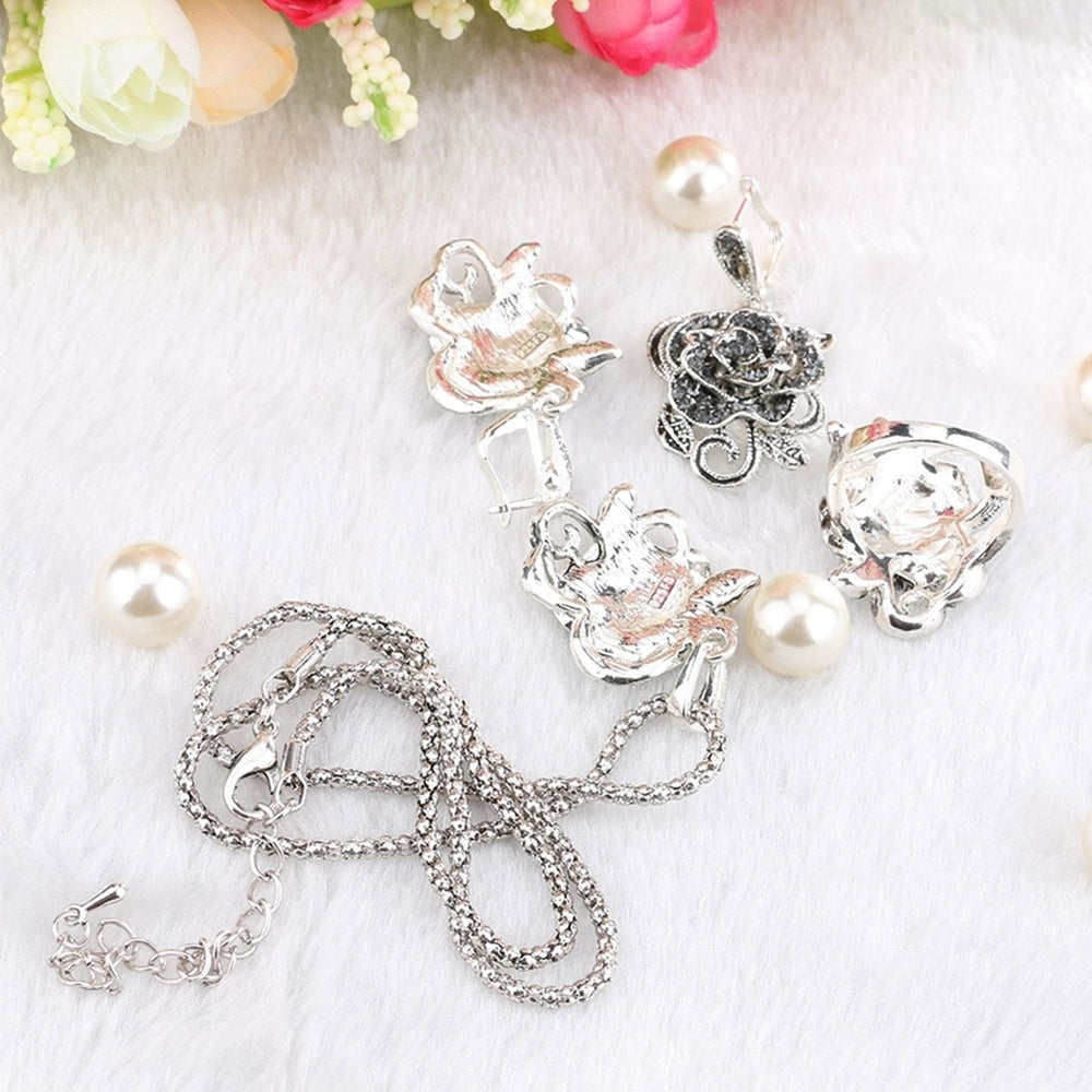 Fashion Rose Flower Pendant Necklace Earrings Finger Ring Lady Party Jewelry Set Image 2