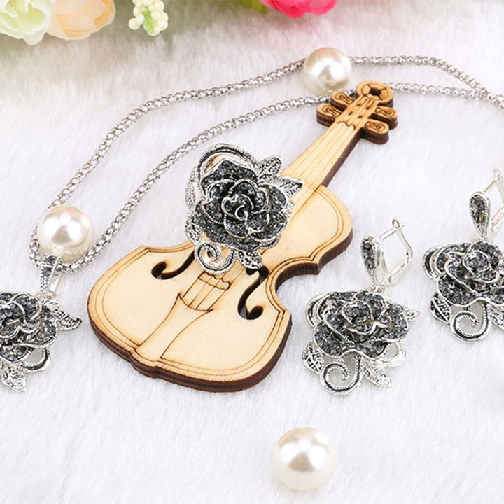 Fashion Rose Flower Pendant Necklace Earrings Finger Ring Lady Party Jewelry Set Image 3