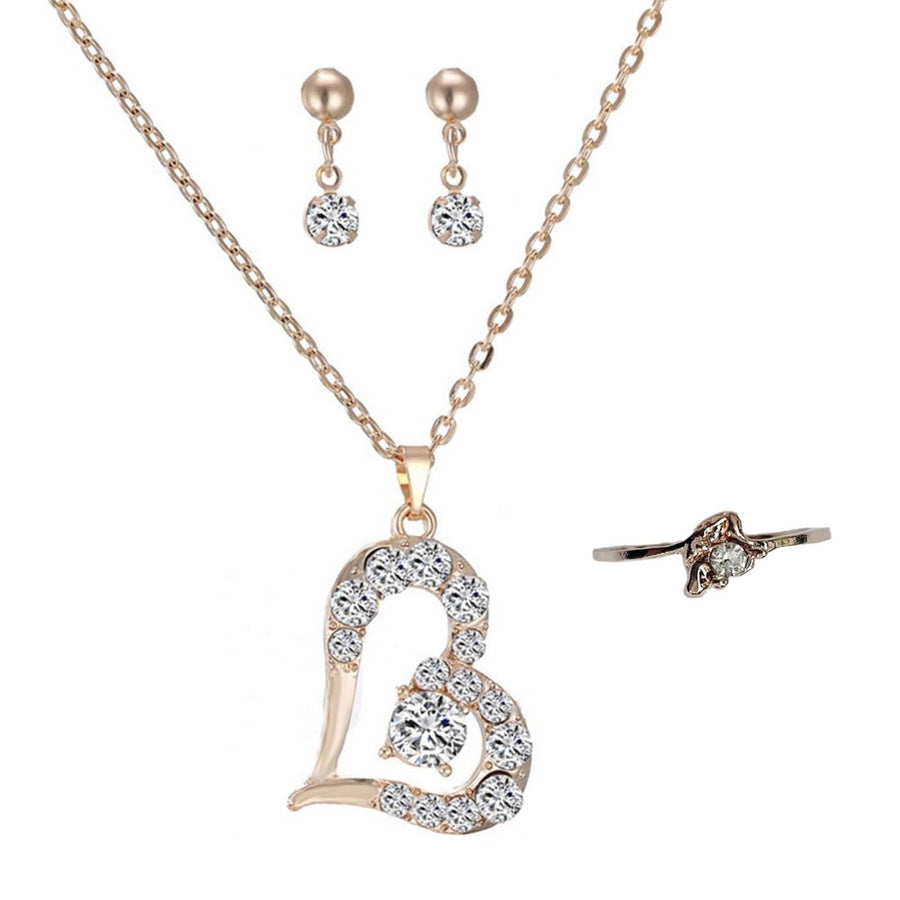 Luxury Love Heart Pendant Rhinestone Necklace Ring Earrings Women Jewelry Set Image 1