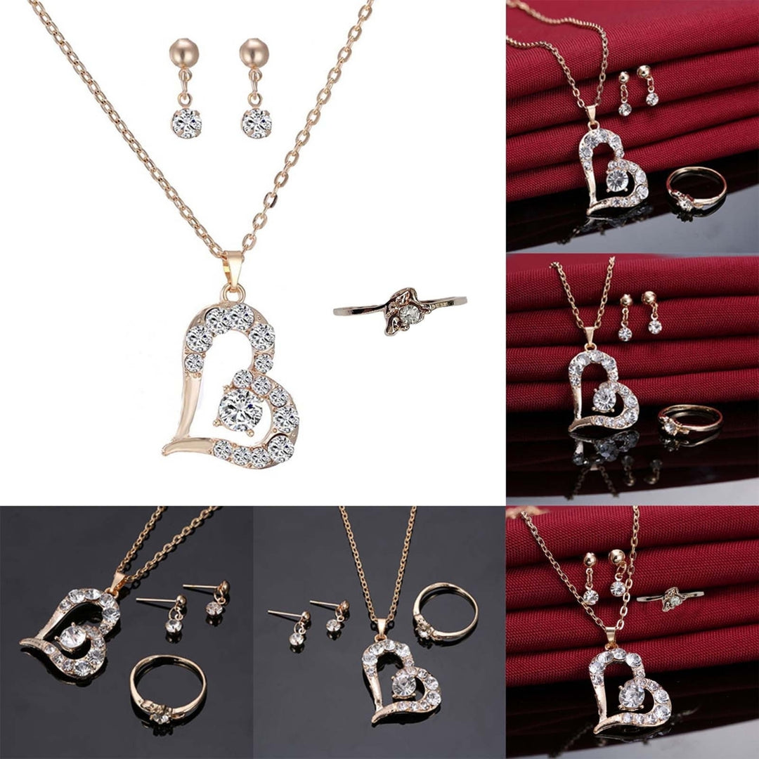 Luxury Love Heart Pendant Rhinestone Necklace Ring Earrings Women Jewelry Set Image 2