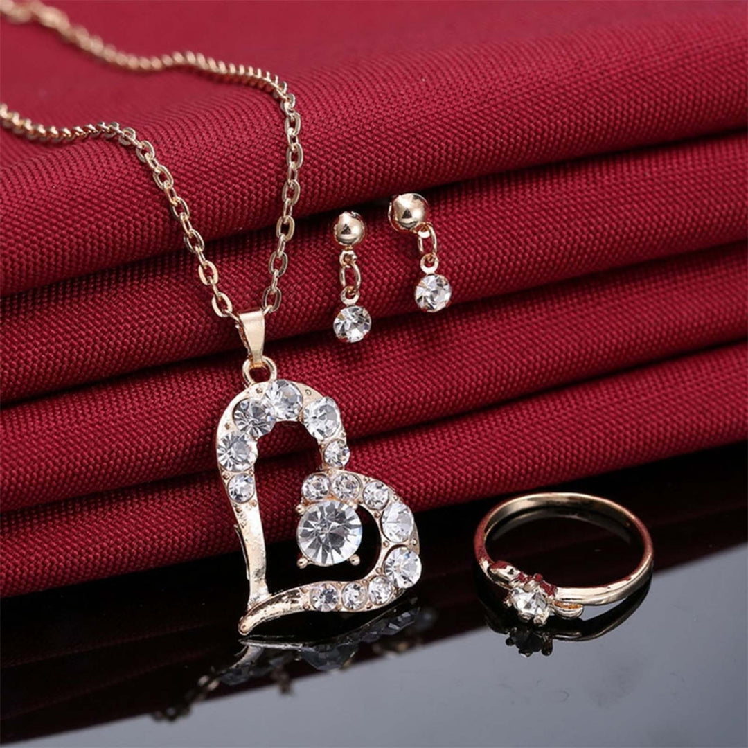 Luxury Love Heart Pendant Rhinestone Necklace Ring Earrings Women Jewelry Set Image 3