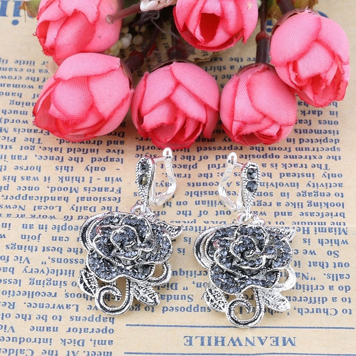 Fashion Rose Flower Pendant Necklace Earrings Finger Ring Lady Party Jewelry Set Image 8