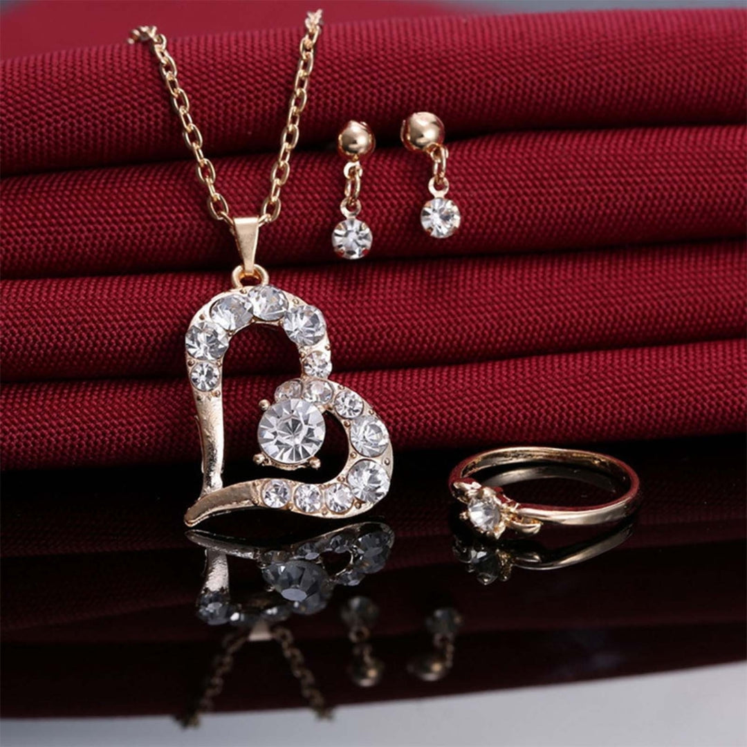 Luxury Love Heart Pendant Rhinestone Necklace Ring Earrings Women Jewelry Set Image 4