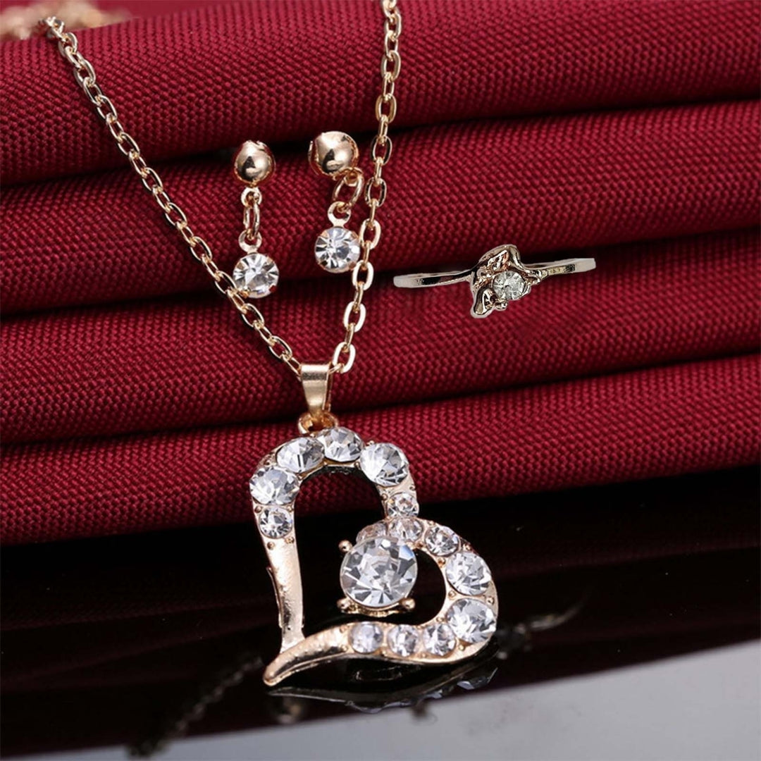 Luxury Love Heart Pendant Rhinestone Necklace Ring Earrings Women Jewelry Set Image 4