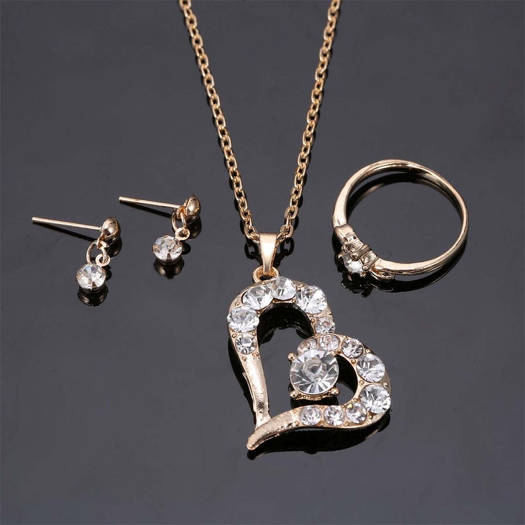 Luxury Love Heart Pendant Rhinestone Necklace Ring Earrings Women Jewelry Set Image 6