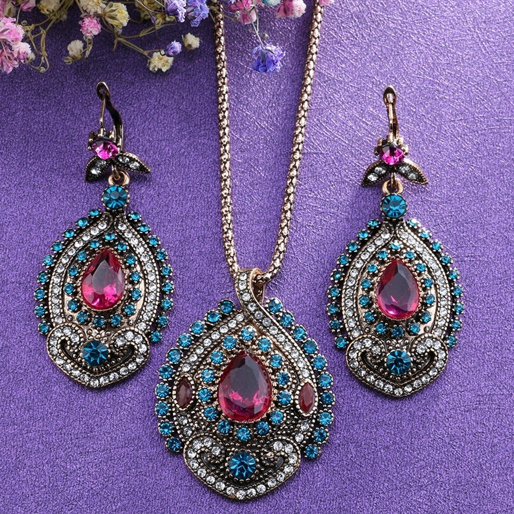 Women Bohemian Rhinestone Drop Earrings Eardrop Necklace Party Club Jewelry Set Image 2