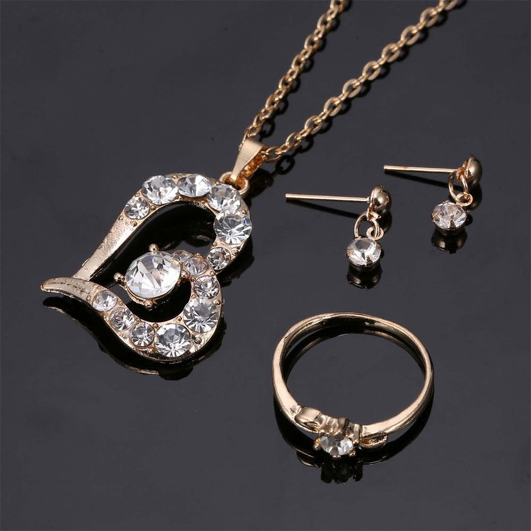 Luxury Love Heart Pendant Rhinestone Necklace Ring Earrings Women Jewelry Set Image 7