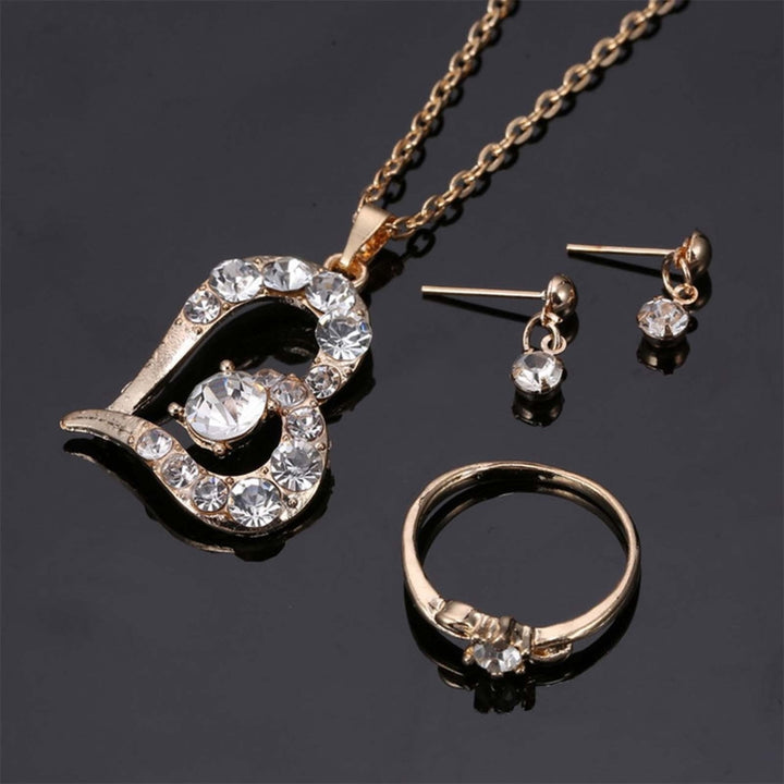 Luxury Love Heart Pendant Rhinestone Necklace Ring Earrings Women Jewelry Set Image 7